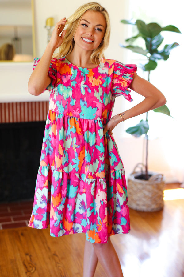 Look of Love Fuchsia Abstract Floral Print Smocked Ruffle Sleeve Dress - Coeur de la Mode