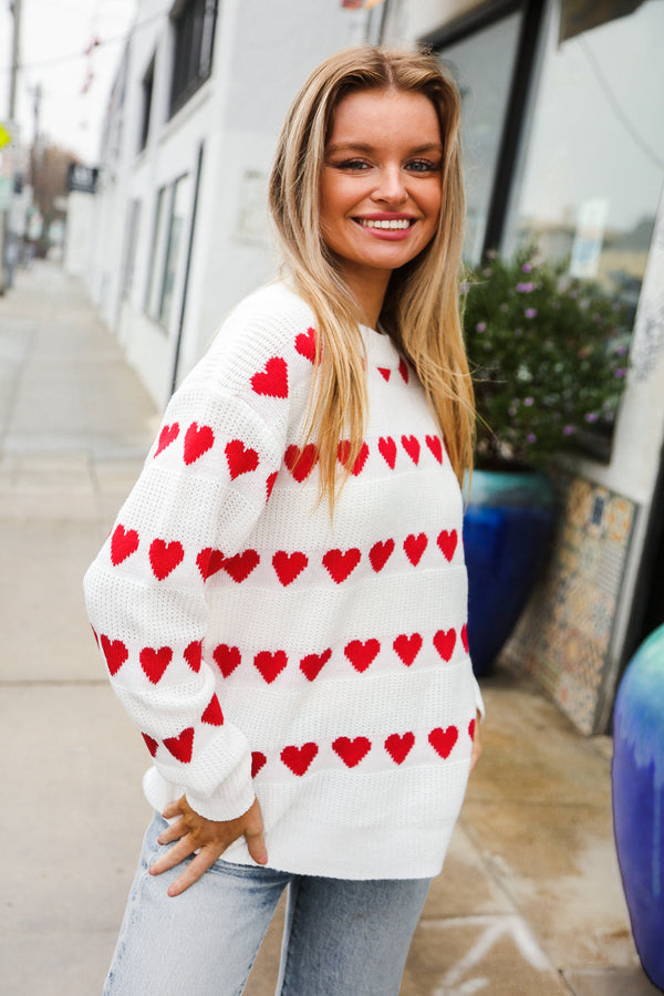 Be Mine White Jacquard Heart Stripe Pullover Sweater - Coeur de la Mode