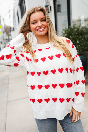 Be Mine White Jacquard Heart Stripe Pullover Sweater - Coeur de la Mode