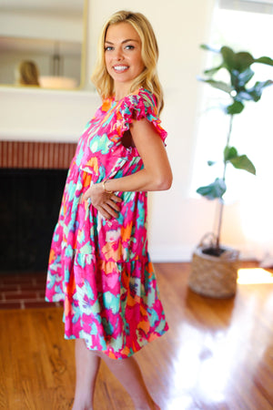 Look of Love Fuchsia Abstract Floral Print Smocked Ruffle Sleeve Dress - Coeur de la Mode