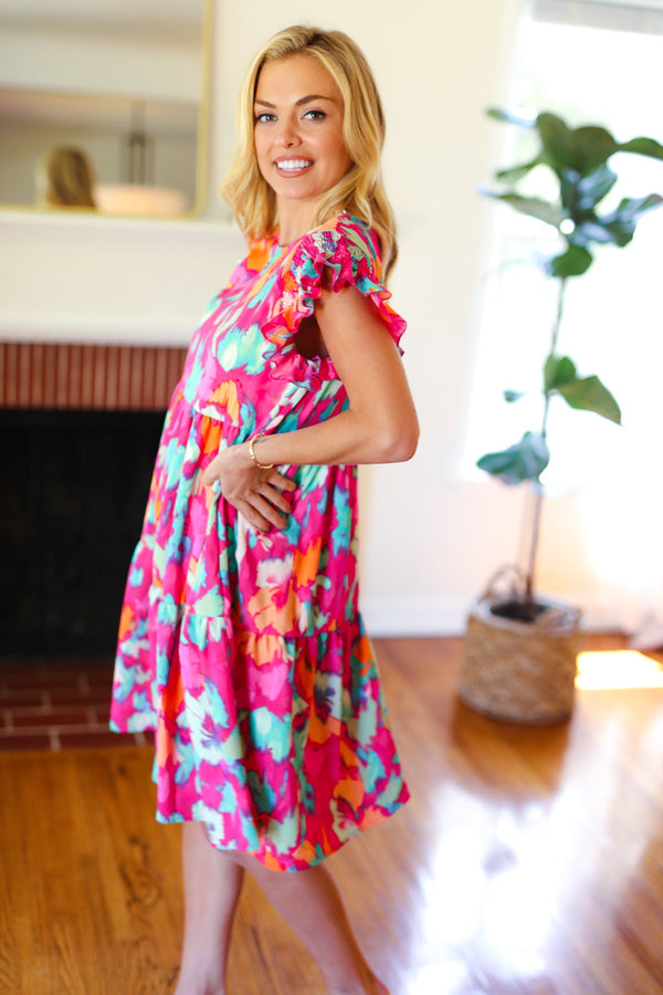 Look of Love Fuchsia Abstract Floral Print Smocked Ruffle Sleeve Dress - Coeur de la Mode