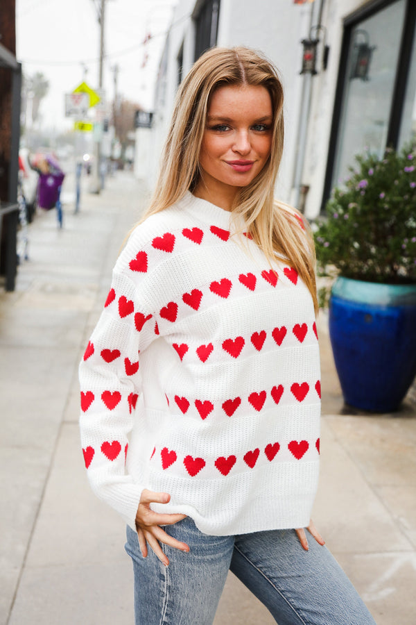 Be Mine White Jacquard Heart Stripe Pullover Sweater - Coeur de la Mode