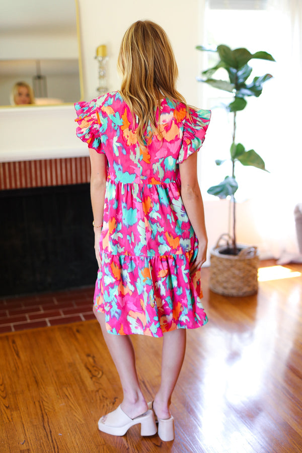 Look of Love Fuchsia Abstract Floral Print Smocked Ruffle Sleeve Dress - Coeur de la Mode