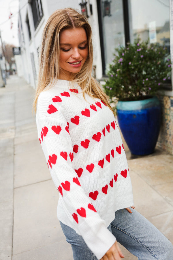 Be Mine White Jacquard Heart Stripe Pullover Sweater - Coeur de la Mode