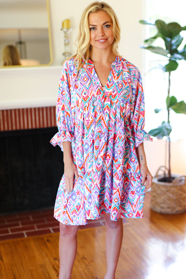 Love Found Blue & Lavender Ikat Print V Neck Dress - Coeur de la Mode