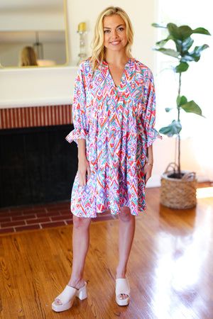 Love Found Blue & Lavender Ikat Print V Neck Dress - Coeur de la Mode