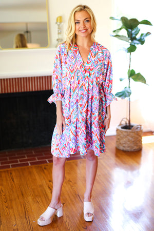 Love Found Blue & Lavender Ikat Print V Neck Dress - Coeur de la Mode