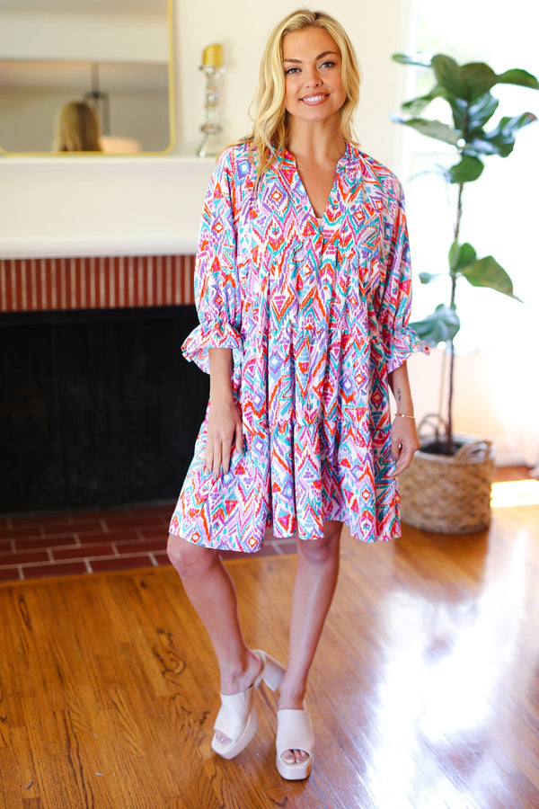 Love Found Blue & Lavender Ikat Print V Neck Dress - Coeur de la Mode