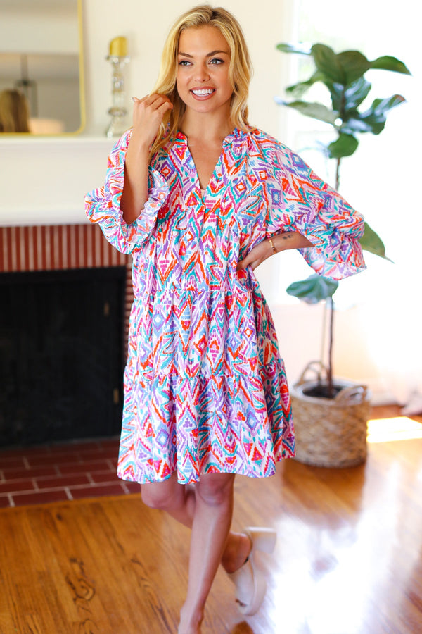 Love Found Blue & Lavender Ikat Print V Neck Dress - Coeur de la Mode