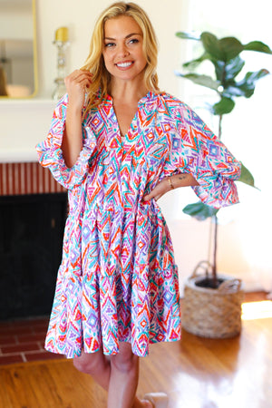 Love Found Blue & Lavender Ikat Print V Neck Dress - Coeur de la Mode