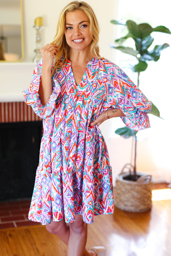 Love Found Blue & Lavender Ikat Print V Neck Dress - Coeur de la Mode