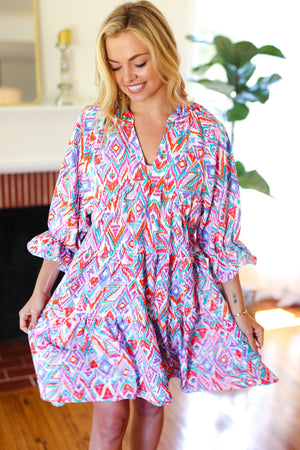 Love Found Blue & Lavender Ikat Print V Neck Dress - Coeur de la Mode
