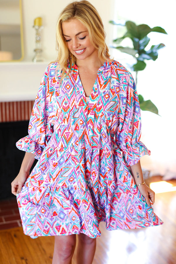 Love Found Blue & Lavender Ikat Print V Neck Dress - Coeur de la Mode