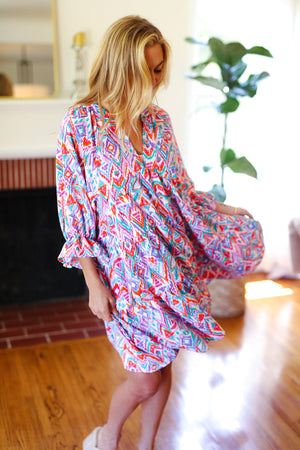 Love Found Blue & Lavender Ikat Print V Neck Dress - Coeur de la Mode
