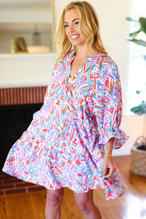 Love Found Blue & Lavender Ikat Print V Neck Dress - Coeur de la Mode