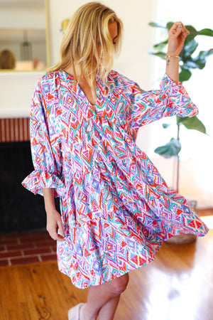 Love Found Blue & Lavender Ikat Print V Neck Dress - Coeur de la Mode
