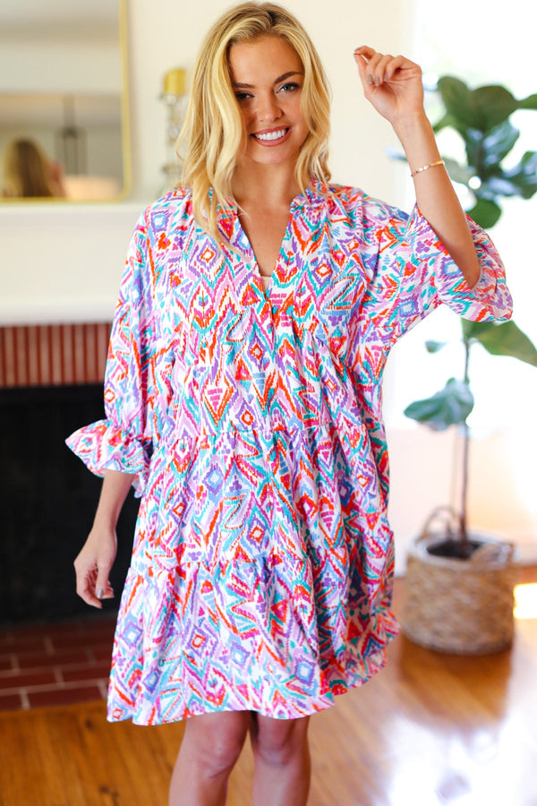 Love Found Blue & Lavender Ikat Print V Neck Dress - Coeur de la Mode