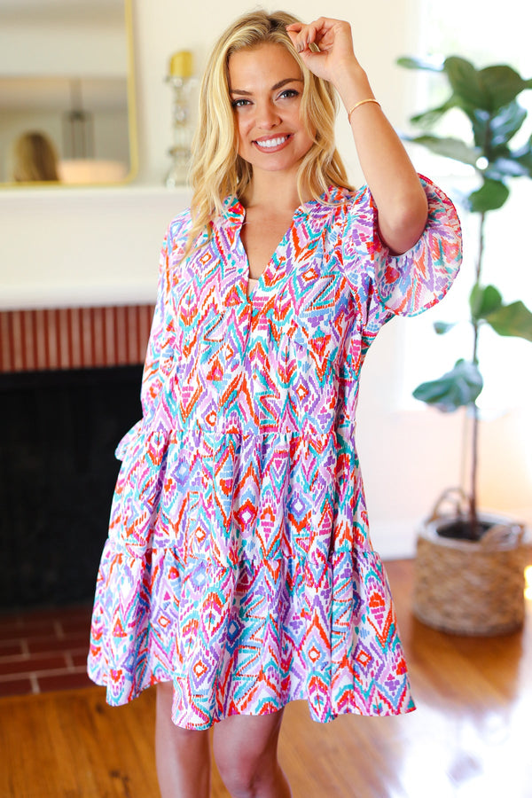 Love Found Blue & Lavender Ikat Print V Neck Dress - Coeur de la Mode