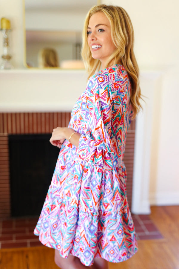 Love Found Blue & Lavender Ikat Print V Neck Dress - Coeur de la Mode