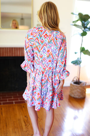 Love Found Blue & Lavender Ikat Print V Neck Dress - Coeur de la Mode