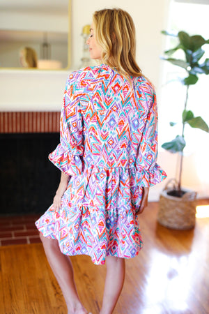 Love Found Blue & Lavender Ikat Print V Neck Dress - Coeur de la Mode