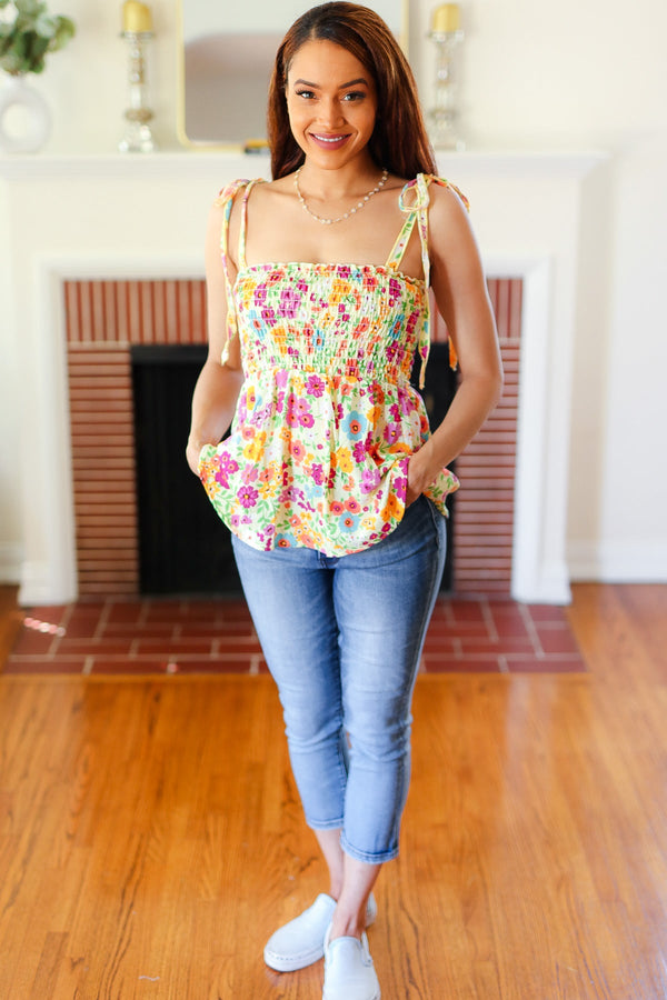Sunny Days Yellow Floral Smocked Shoulder Tie Top - Coeur de la Mode