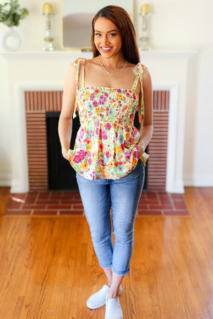 Sunny Days Yellow Floral Smocked Shoulder Tie Top - Coeur de la Mode