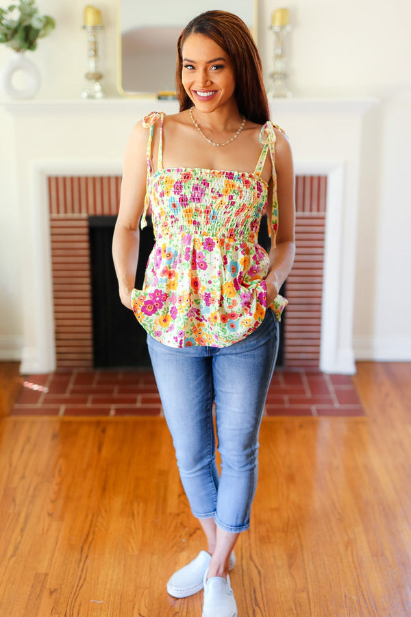 Sunny Days Yellow Floral Smocked Shoulder Tie Top - Coeur de la Mode