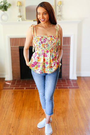 Sunny Days Yellow Floral Smocked Shoulder Tie Top - Coeur de la Mode