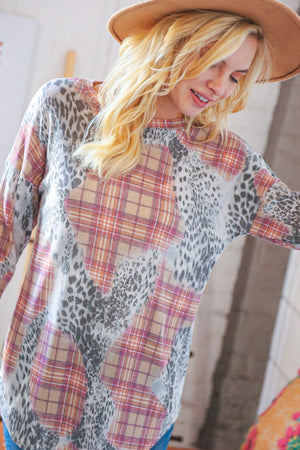 Taupe Leopard Plaid Rib Knit Round Neck Pullover - Coeur de la Mode