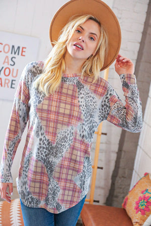 Taupe Leopard Plaid Rib Knit Round Neck Pullover - Coeur de la Mode