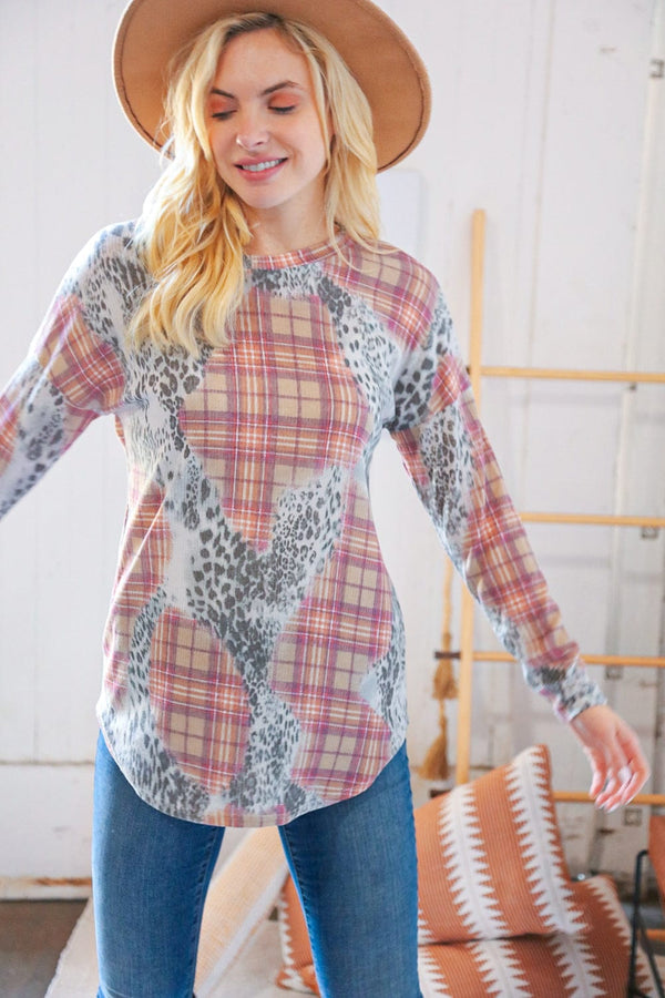 Taupe Leopard Plaid Rib Knit Round Neck Pullover - Coeur de la Mode