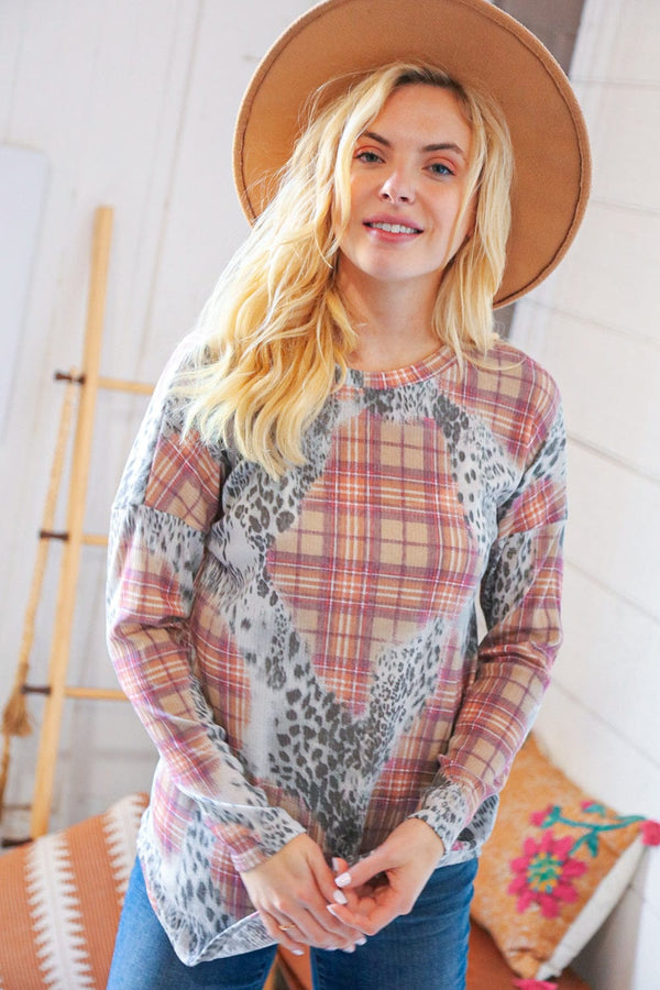 Taupe Leopard Plaid Rib Knit Round Neck Pullover - Coeur de la Mode