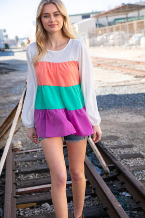 Ivory & Peach Woven Crepe Tiered Blouse - Coeur de la Mode