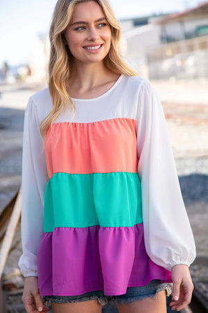 Ivory & Peach Woven Crepe Tiered Blouse - Coeur de la Mode