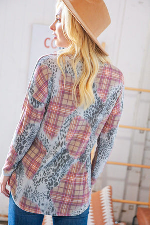 Taupe Leopard Plaid Rib Knit Round Neck Pullover - Coeur de la Mode