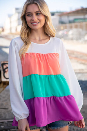 Ivory & Peach Woven Crepe Tiered Blouse - Coeur de la Mode
