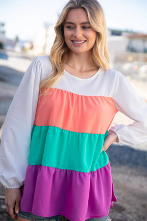 Ivory & Peach Woven Crepe Tiered Blouse - Coeur de la Mode