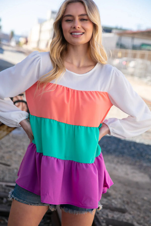 Ivory & Peach Woven Crepe Tiered Blouse - Coeur de la Mode