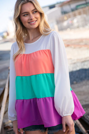 Ivory & Peach Woven Crepe Tiered Blouse - Coeur de la Mode