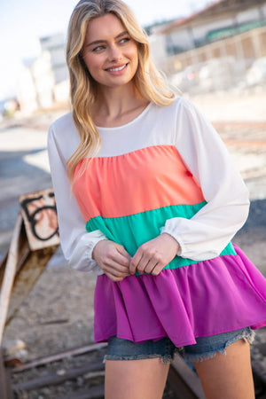 Ivory & Peach Woven Crepe Tiered Blouse - Coeur de la Mode