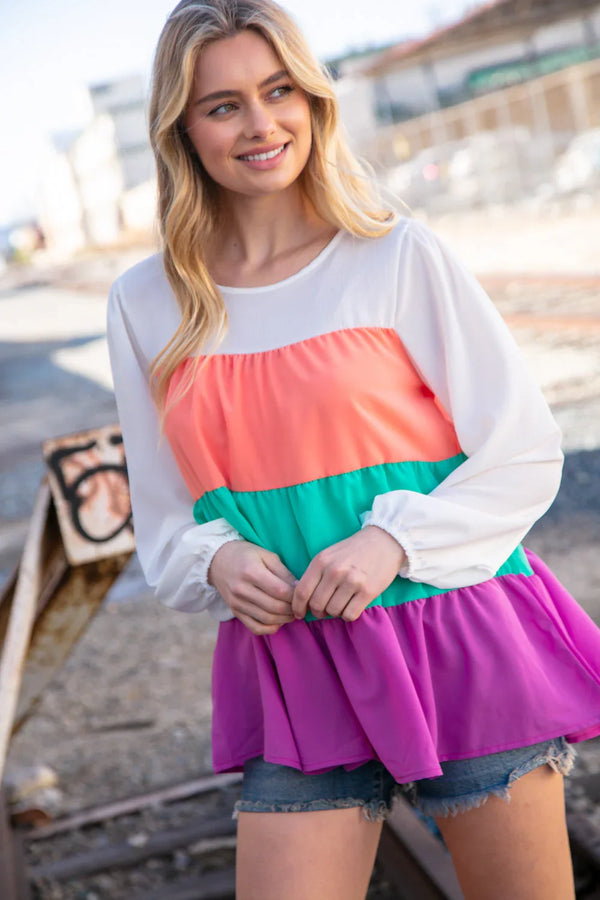 Ivory & Peach Woven Crepe Tiered Blouse - Coeur de la Mode