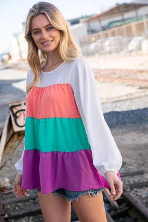 Ivory & Peach Woven Crepe Tiered Blouse - Coeur de la Mode