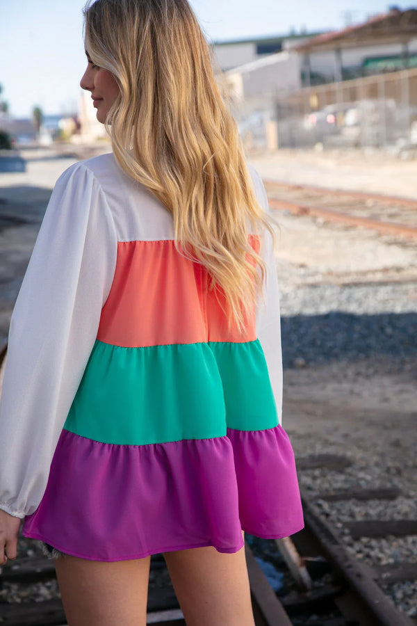 Ivory & Peach Woven Crepe Tiered Blouse - Coeur de la Mode
