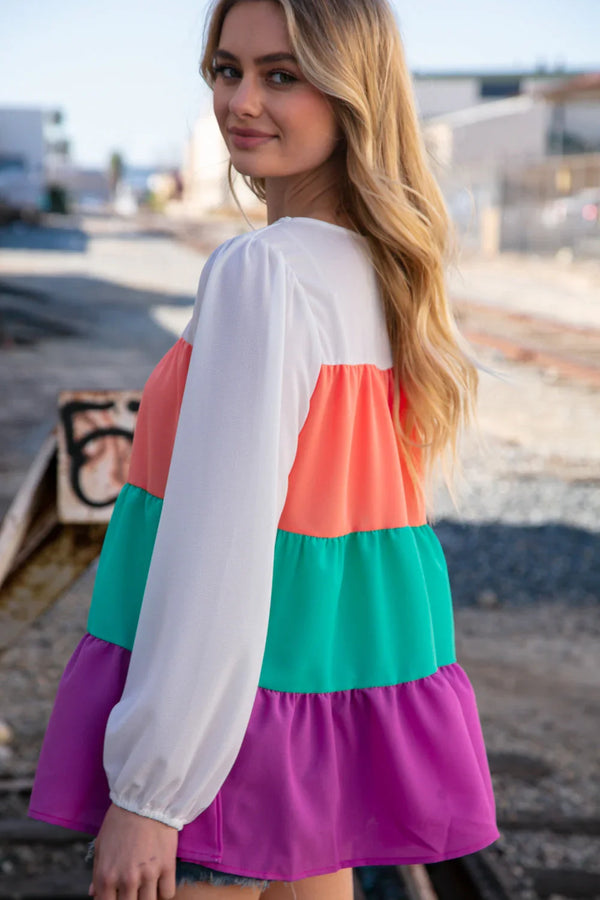 Ivory & Peach Woven Crepe Tiered Blouse - Coeur de la Mode