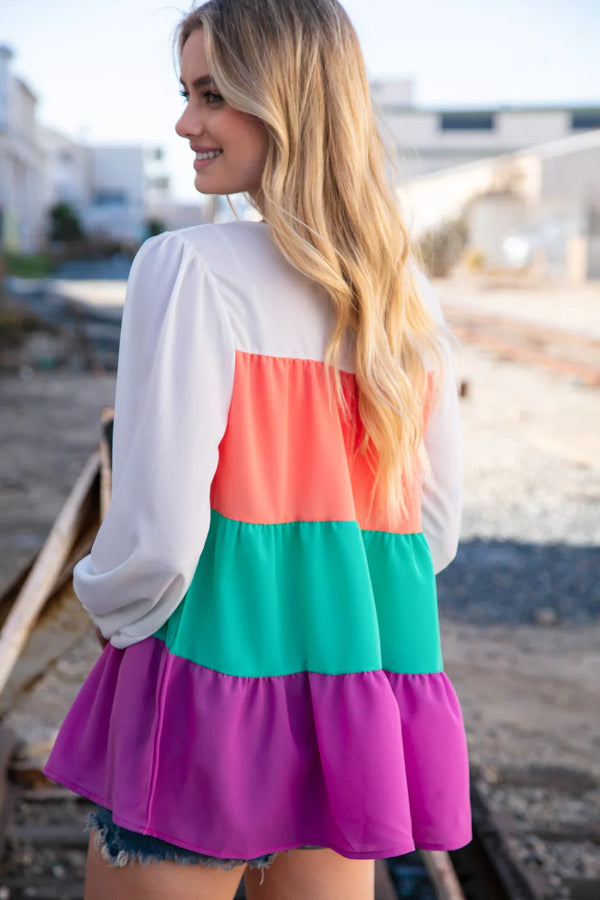 Ivory & Peach Woven Crepe Tiered Blouse - Coeur de la Mode