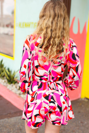 Magenta & Cherry Red Geo Surplice Romper - Coeur de la Mode