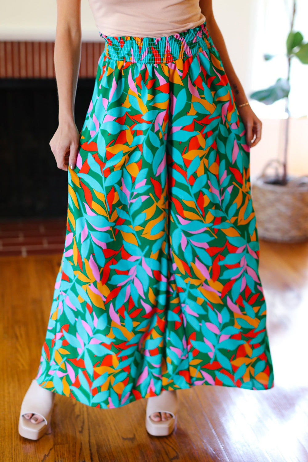 Summer Vibes Green & Orange Abstract Print Smocked Palazzo Pants - Coeur de la Mode