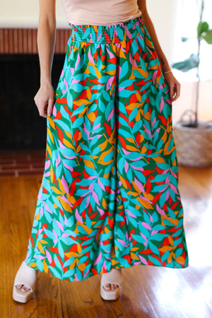 Summer Vibes Green & Orange Abstract Print Smocked Palazzo Pants - Coeur de la Mode