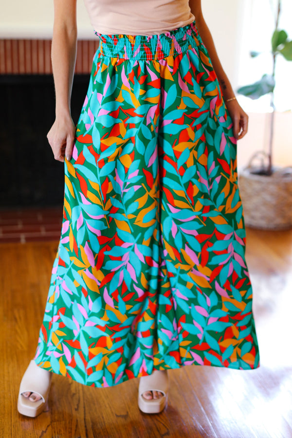 Summer Vibes Green & Orange Abstract Print Smocked Palazzo Pants - Coeur de la Mode
